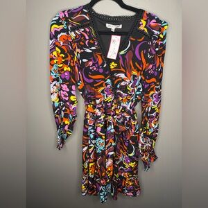 Joy Joy Multicolor Long Sleeve Dress with adjustable waist tie size M NWT